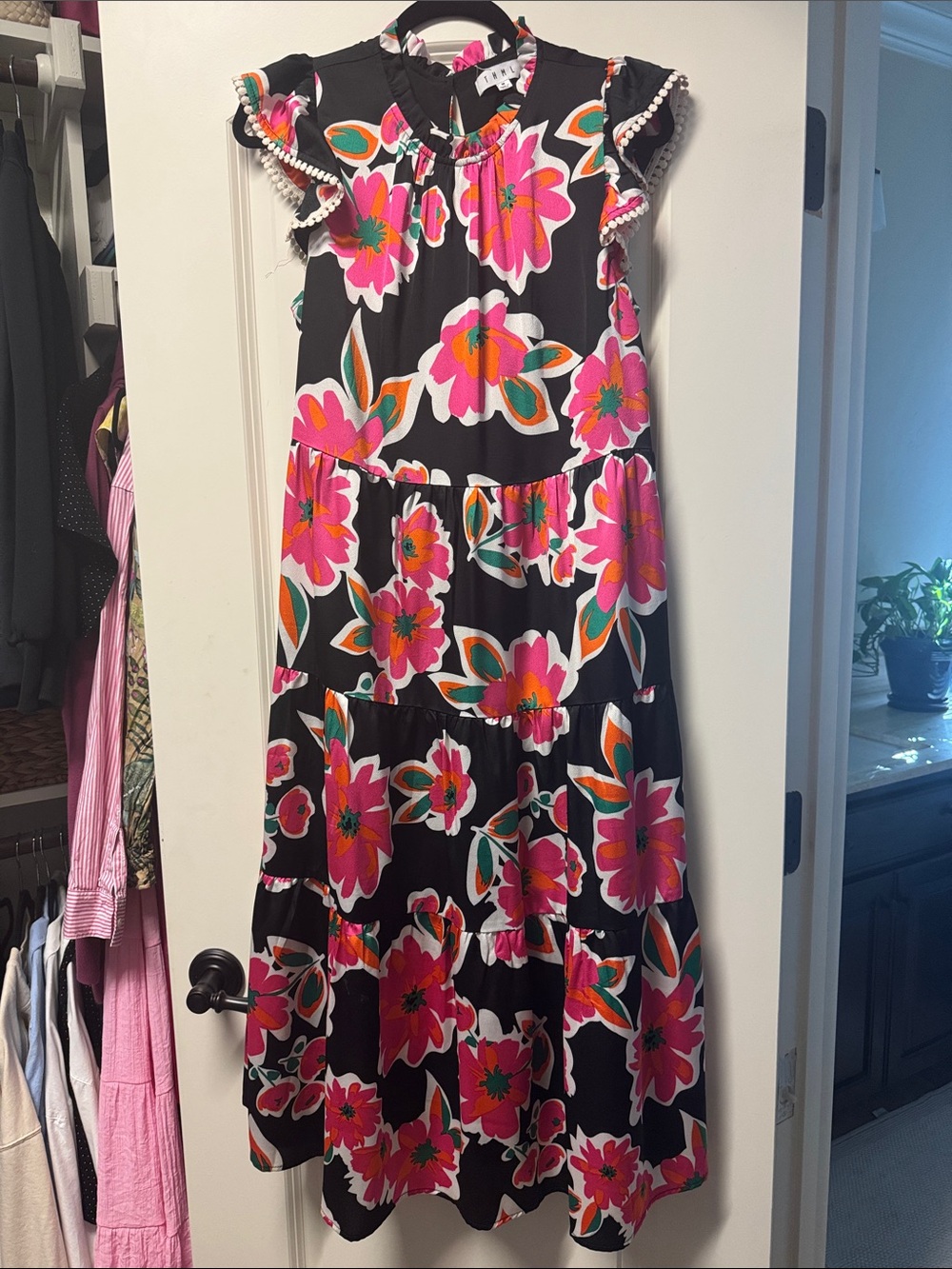 THML Floral Tiered Midi Dress - Black with Pink & Orange Floral